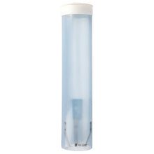 A transparent Starpak cup dispenser, PS Ø 8.5 cm x 42 cm, with a white lid and two metal clips at the bottom, stands vertically against a white background. Brand: Starpak.