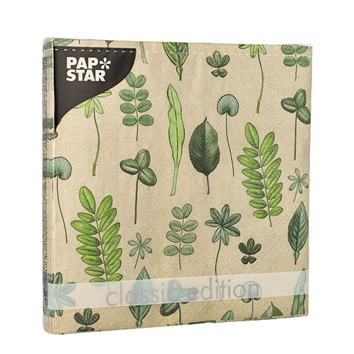 Eine braune PAPSTAR-Serviettenpackung mit grünem Blattmotiv, beschriftet mit "classic edition", enthält 20 dreilagige Servietten (33x33 cm, 1/4-Falz) aus dem Design Set 6 der PAPSTAR GmbH.
