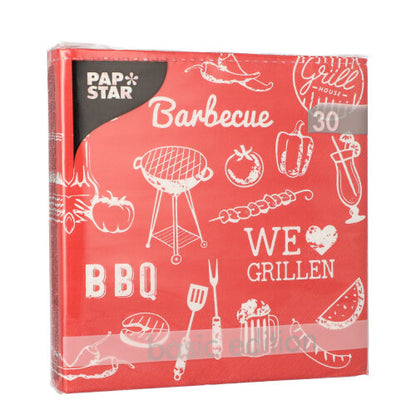 Eine rote Packung mit 30 3-lagigen Servietten (33 x 33 cm, 1/4-Falz) der PAPSTAR GmbH zeigt weiße Grillmotive und Texte wie „Barbecue“, „BBQ“ und „Wir lieben Grillen“.