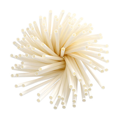 A bundle of PAPSTAR 100 straws, paper Ø 6 mm from PAPSTAR GmbH is arranged in a circular, radial pattern and viewed from above on a white background.