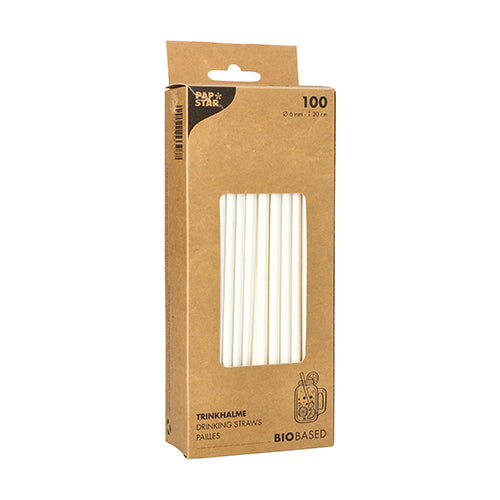Pictured is a brown box of PAPSTAR 100 straws, paper Ø 6 mm from PAPSTAR GmbH with a transparent front window and product details printed in multiple languages.