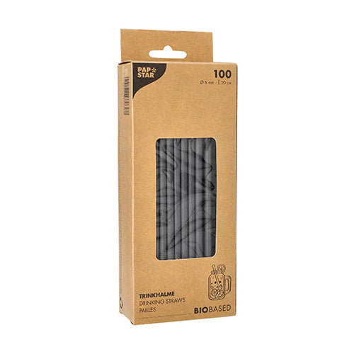 A brown cardboard box from PAPSTAR 100 straws, paper Ø 6 mm from PAPSTAR GmbH shows black straws inside through a clear window. The package contains 100 sustainable paper straws (0.6 cm x 21 cm), with text in German, French, and English.