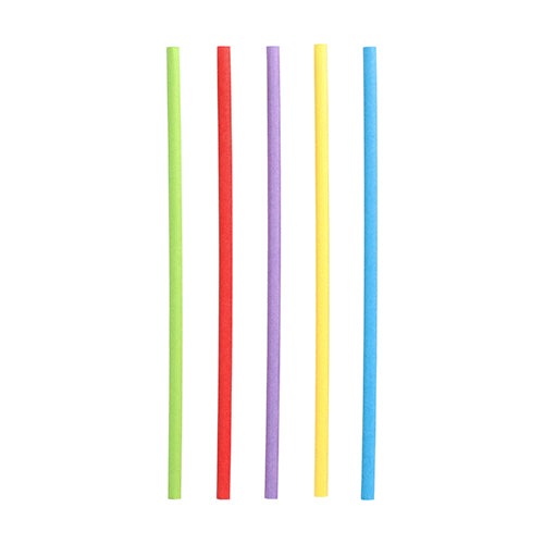 Five PAPSTAR 100 straws, paper Ø 6 mm by PAPSTAR GmbH in the colors green, red, purple, yellow, and blue stand vertically in a row on a white background.