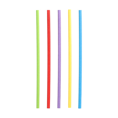 Five PAPSTAR 100 straws, paper Ø 6 mm by PAPSTAR GmbH in the colors green, red, purple, yellow, and blue stand vertically in a row on a white background.