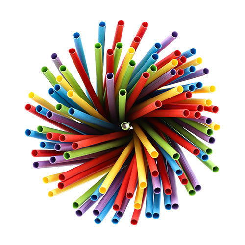 A bundle of PAPSTAR 100 straws, paper Ø 6 mm from PAPSTAR GmbH, circularly arranged and viewed from above on a white background. The eco-friendly paper straws are color-sorted: red, yellow, green, blue, and purple.