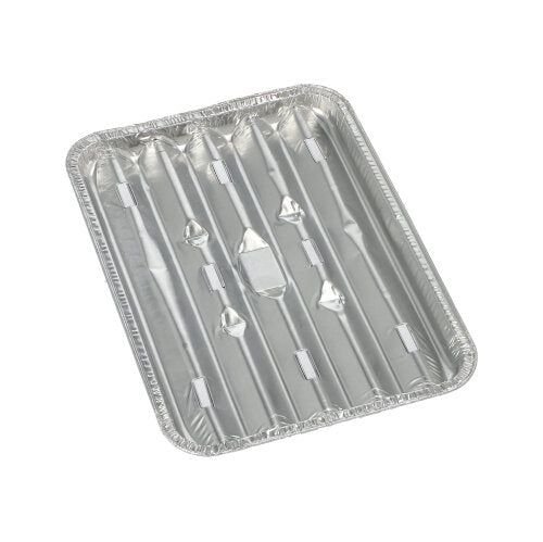 The photo shows a rectangular disposable aluminum tray (1.4 x 16.3 x 22.7 cm) from Starpak 10 grill trays with raised ribs and a wavy edge made of durable foil on a white background. The package contains 10 pieces.