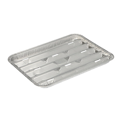 The Starpak 10 grill trays, aluminum rectangular (1.4 x 16.3 x 22.7 cm, 10 pieces), feature raised edges and rounded corners and are ideal as disposable grill trays. Image on white background.