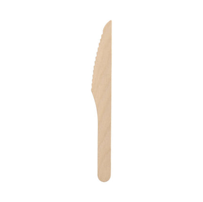 The PAPSTAR wooden knife "pure" 16.5 cm, waxed, made from eco-friendly wood is depicted as a practical disposable knife for sustainable use - 100 pieces per folding box (Brand: PAPSTAR GmbH).