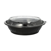 A round black Starpak 25 salad bowl food container (PET, 1000 ml, Ø 21.8 cm, 6 cm) with a clear domed 'Snap It' R-PET lid (25 pieces) is pictured against a plain white background.