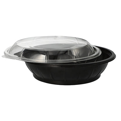 On a white background, a Starpak 25 salad bowl PET food container, 1000 ml, Ø 21.8 cm, 6 cm high in black with a clear 'Snap It' R-PET lid (25 pieces) is depicted.