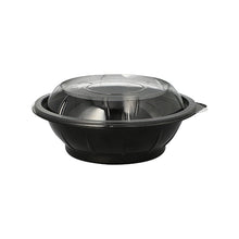 The Starpak 25 salad bowl set includes black 600 ml food containers made of PET (Ø 16.6 cm, height 5.9 cm) with clear domed 'Snap It' lids made of R-PET, depicted on a white background (25 pieces per pack).