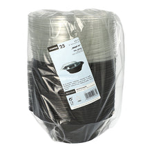 A pack of 25 black Starpak 'Snap It' salad bowls (PET, 600 ml, Ø16.6 cm, 5.9 cm) with a clear R-PET lid, wrapped in plastic film and featuring a white label on the front with product details and barcode.