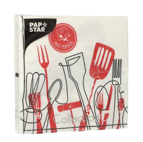 The PAPSTAR 20 napkins, 33x33 cm, 3-ply, 1/4-fold Design Set 3 from PAPSTAR GmbH feature a "Fait Maison" motif with red and black kitchen utensils on a white background, adding charm to any set table.