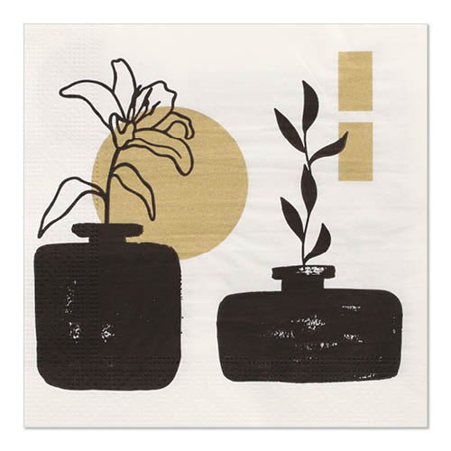 A drawing of two black vases with outlined plants in front of beige shapes on a white background, inspired by the elegant patterns of the PAPSTAR GmbH 20 napkins, 33x33 cm, 3-ply, colorful.