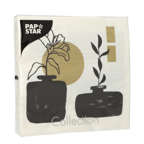 The PAPSTAR GmbH offers a pack of 20 colorful 3-ply napkins (33x33 cm, 1/4 fold) that elegantly enhance any table with their minimalist design - two black vases, abstract plants, and gold-black geometric accents.