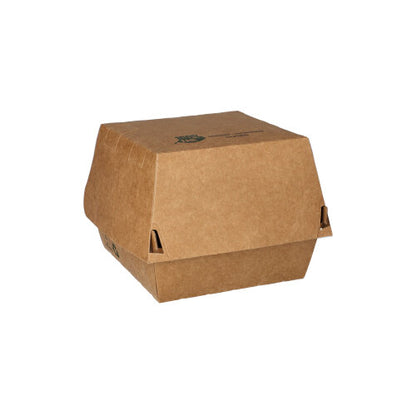 The PAPSTAR GmbH offers with the 80 burger boxes made of brown cardboard "100% Fair" a sustainable packaging solution, ideal for eco-friendly catering businesses, presented against a plain white background.