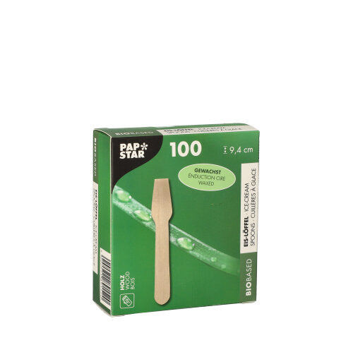A green box from PAPSTAR GmbH with the inscription "wooden ice cream spoon pure" contains 100 waxed, bio-based 9.4 cm long wooden spoons in environmentally friendly packaging with a spoon motif on the front.