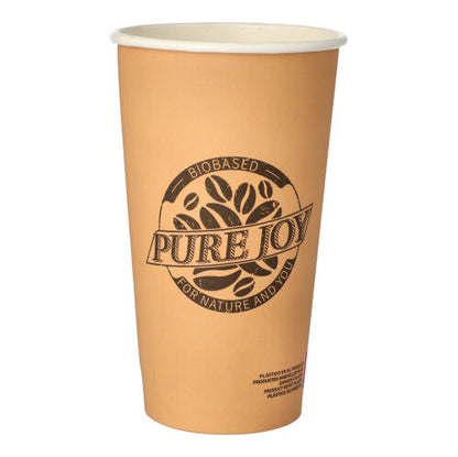A tall, brown PAPSTAR 50 drinking cup (0.5 l, paper cup) from PAPSTAR GmbH has a white rim and a round 'Pure Joy' logo with the inscription 'Biobased for nature and you' with coffee bean graphics.