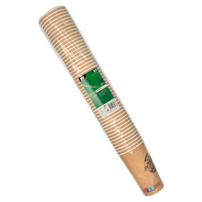 A stack of 50 PAPSTAR 0.5 l paper cups from PAPSTAR GmbH, packaged in clear foil with a green-white label with product information.