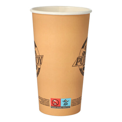 A tall, brown PAPSTAR 50 paper drinking cup (0.5 l) from PAPSTAR GmbH with printed text, partially circular logo and warning symbols near the bottom on a white background.
