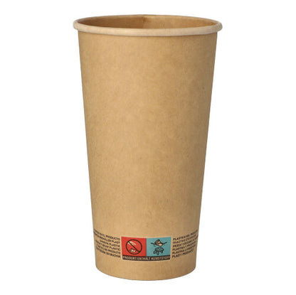 The PAPSTAR 50 drinking cup, paper 0.5 l from PAPSTAR GmbH is a simple brown disposable cup with a slightly flared rim. At the bottom, there are small symbols and texts. The photo background is white.