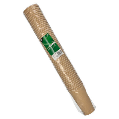 A sealed plastic packaging with 50 brown paper cups (each 0.5 l) from PAPSTAR GmbH, with green-white label and product details.