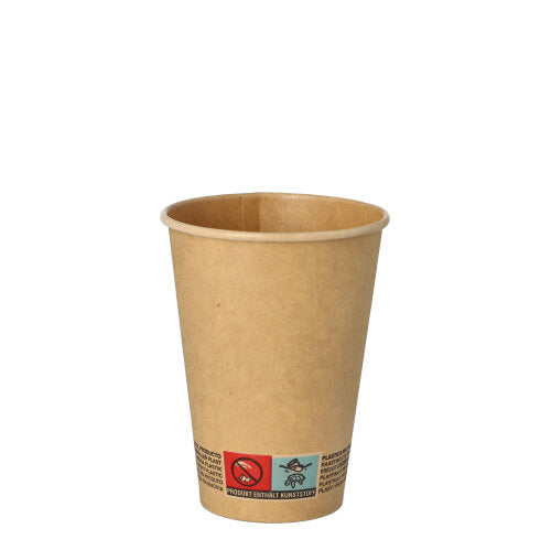 A PAPSTAR GmbH brown paper cup (Ø 7 cm, 9.2 cm high) with printed warning symbol and text at the bottom edge stands upright against a white background. 50 pieces per pack.
