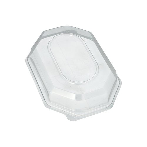 The Starpak 10 lid for serving platters is a clear, octagonal transparent PET lid with a raised oval center, designed for optimal food freshness, and is depicted on a white background.