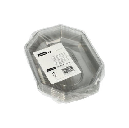 A stack of ten Starpak lids for serving platters made of transparent PET, with a white label and barcode, is packed in clear packaging - ideal for freshness preservation and as a cover for serving platters.