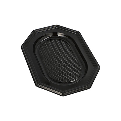The Starpak 10 serving platters, PET black from Starpak are black, octagonal plastic plates with a textured oval center and smooth edges, ideal for catering events and depicted on a white background.