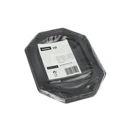 A stack of Starpak 10 serving platters, PET black – black octagonal bowls made of durable PET, wrapped in transparent plastic with a white label with product details and barcode – perfect for catering events.