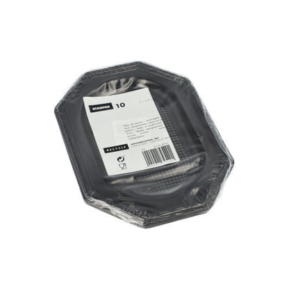 A stack of Starpak 10 serving platters, PET black – black octagonal bowls made of durable PET, wrapped in transparent plastic with a white label with product details and barcode – perfect for catering events.
