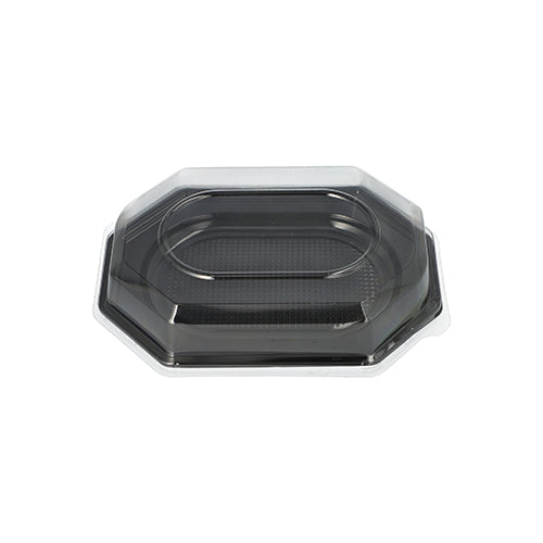The black PET lid of Starpak 10 serving platters, a transparent octagonal plastic lid with a raised center, is perfect for catering events and is depicted on a white background.