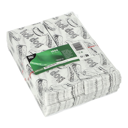 Die 1000 PAPSTAR Hot Dog-Tüten (21x8,5 cm, weiß) der PAPSTAR GmbH sind eingeschweißt und mit einer schwarzen Hot Dog-Grafik und dem Schriftzug "Hot Dog" versehen. Ein grünes Etikett mit Produktangaben ist angebracht.