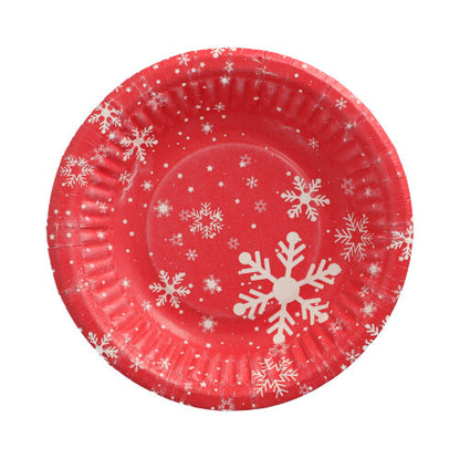 A PAPSTAR round paper bowl, 19 cm, 3 cm high, series "Winter Time" with white snowflakes on a red background by PAPSTAR GmbH, viewed from above on a white background (50 pieces/foil).