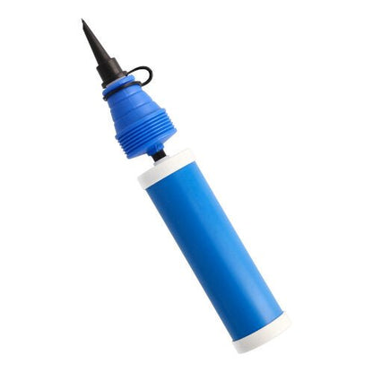 The PAPSTAR special balloon pump (27.5 cm, blue) from PAPSTAR GmbH is depicted vertically with a black nozzle on a white background, ideal for quickly inflating balloons at parties. Bag with 1 piece.
