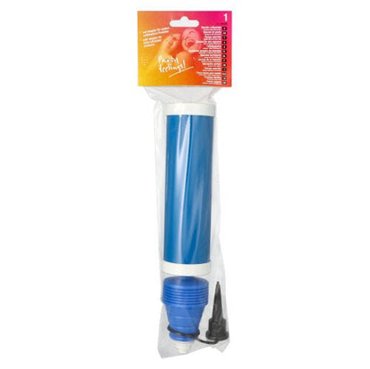 The PAPSTAR special balloon pump (27.5 cm, blue) for parties from PAPSTAR GmbH is delivered in a transparent bag with a colorful label and includes a nozzle attachment in addition to the pump.