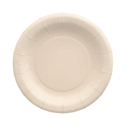 The PAPSTAR 20 plates made from agricultural residues "pure" round by PAPSTAR GmbH is an eco-friendly, beige disposable plate with a flat side and slightly textured surface, depicted from above on a white background.