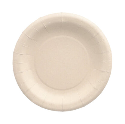 The PAPSTAR 20 plates made from agricultural residues "pure" round by PAPSTAR GmbH is an eco-friendly, beige disposable plate with a flat side and slightly textured surface, depicted from above on a white background.