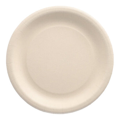 The PAPSTAR 20 plates made from agricultural residues "pure" - round, beige disposable plates made from sustainable raw materials with a slightly raised edge by PAPSTAR GmbH, photographed from above on a white background.