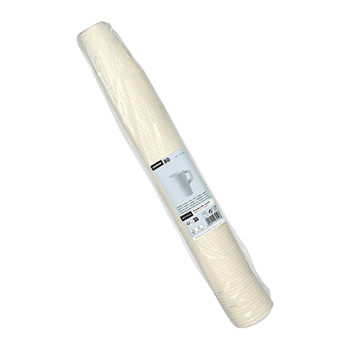 A pack of 80 white Starpak paper cups with handles, stacked in a sleeve - ideal for parties and gatherings of all kinds.