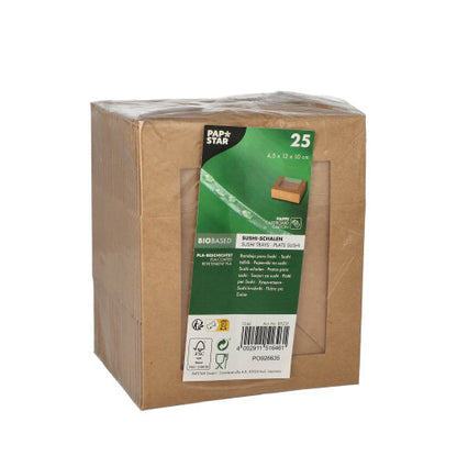A brown cardboard packaging with 25 PAPSTAR sushi trays (rectangular) of PAPSTAR GmbH bears product details, barcode, and environmental symbols on the front, the top of the packaging is transparent.