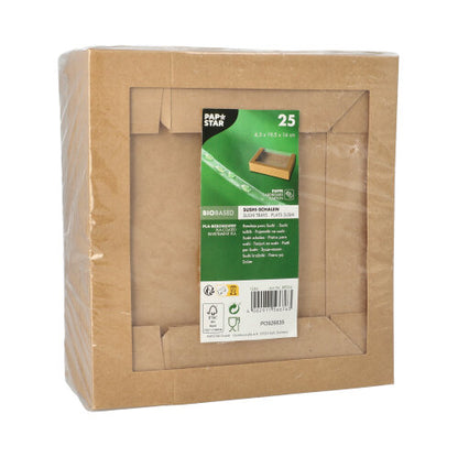 25 pieces PAPSTAR sushi trays, rectangular brown, made of cardboard with viewing window, “BIOBASED” label and recycling symbols – sustainable disposable products from PAPSTAR GmbH.