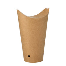 The PAPSTAR 50 French fries cone, round cardboard Ø 6 cm brown from PAPSTAR GmbH is a brown, conical, biodegradable fries holder with a curved top edge and two small holes near the base, presented upright on a white background.