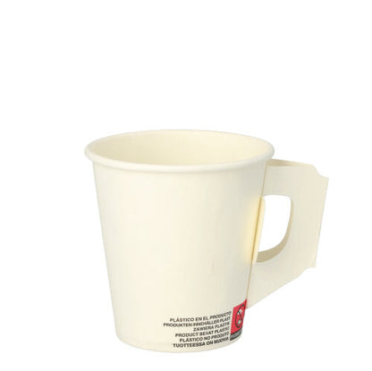 The Starpak 80 drinking cup is a simple, white disposable paper cup with a flat handle and a small, multilingual label on the bottom - ideal as a disposable drinking cup for parties. Brand: Starpak. The background is plain white.
