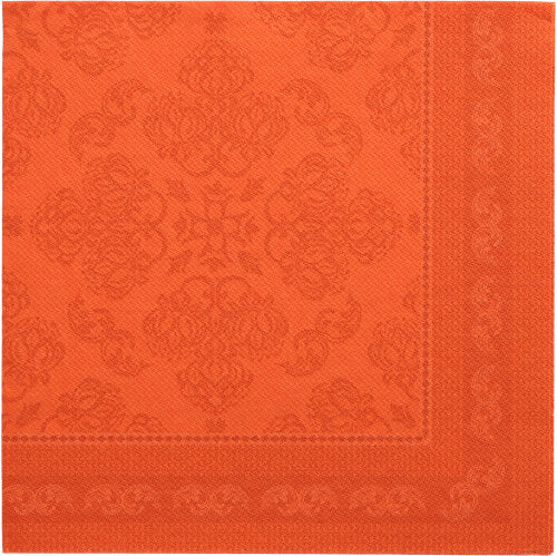 Die PAPSTAR 50 Servietten "ROYAL Collection" 1/4-Falz, 40 x 40 cm in nektarine, mit geprägtem Blumenmuster und dekorativem Rand - ideal, um Ihrem gedeckten Tisch Eleganz zu verleihen.