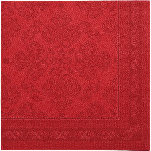 Die PAPSTAR 50 Servietten "ROYAL Collection" 1/4-Falz 40 x 40 cm in bordeaux zeichnen sich durch eine quadratische Form mit geprägten floralen und geometrischen Mustern, einen dunkleren roten Rand und ein raffiniertes, symmetrisches Design aus - Premiumqualität der PAPSTAR GmbH.