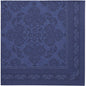A dark blue, 40x40 cm square paper napkin from the PAPSTAR ROYAL Collection from PAPSTAR GmbH with an embossed, ornate floral and swirl center and a decorative border.