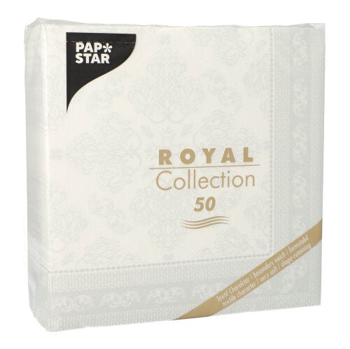 A white package from PAPSTAR GmbH contains 50 1/4-fold napkins "ROYAL Collection", 40 x 40 cm, with gold and black decorative borders.