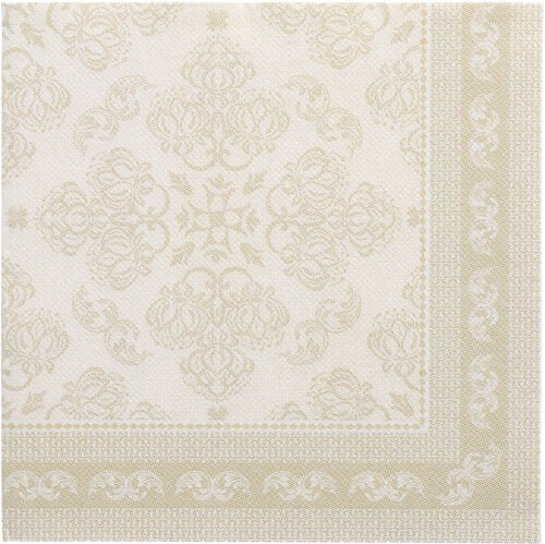 The square napkin 40x40 cm from the ROYAL collection of PAPSTAR GmbH in champagne features an ornate floral pattern with a decorative border, flat on a white background. The pack contains 50 napkins, 1/4 folded.